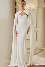 fitted long jersey white wedding dress with cape JB45575