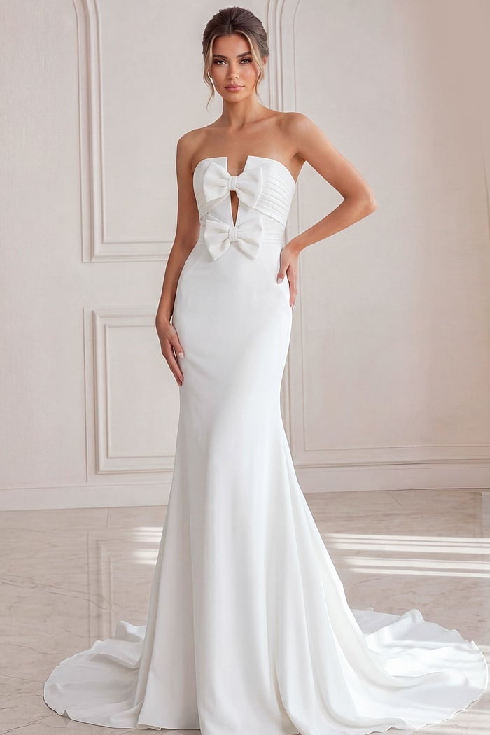 white plain dress with bow details JB45671