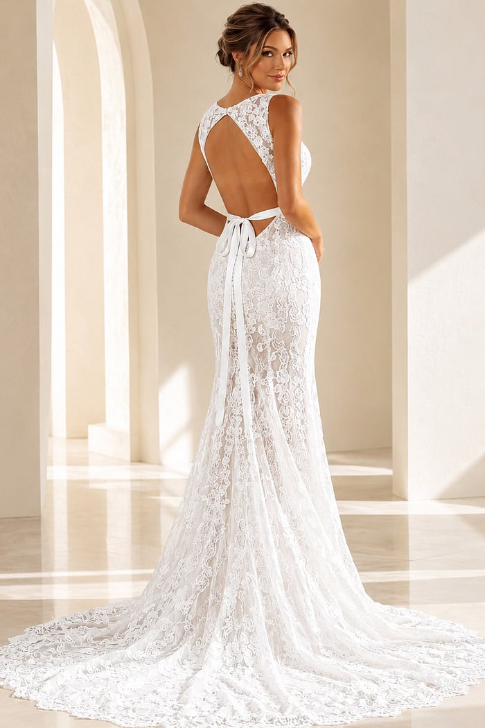 ivory floral lace fitted mermaid wedding dress with high neckline and open keyhole back, front view, Jovani Bridal style JB45671