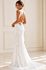ivory floral lace fitted mermaid wedding dress with high neckline and open keyhole back, front view, Jovani Bridal style JB45671