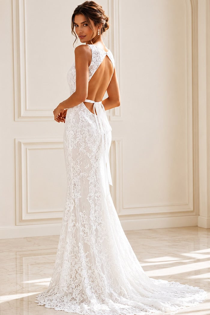 ivory floral lace fitted mermaid wedding dress with high neckline and open keyhole back, front view, Jovani Bridal style JB45671