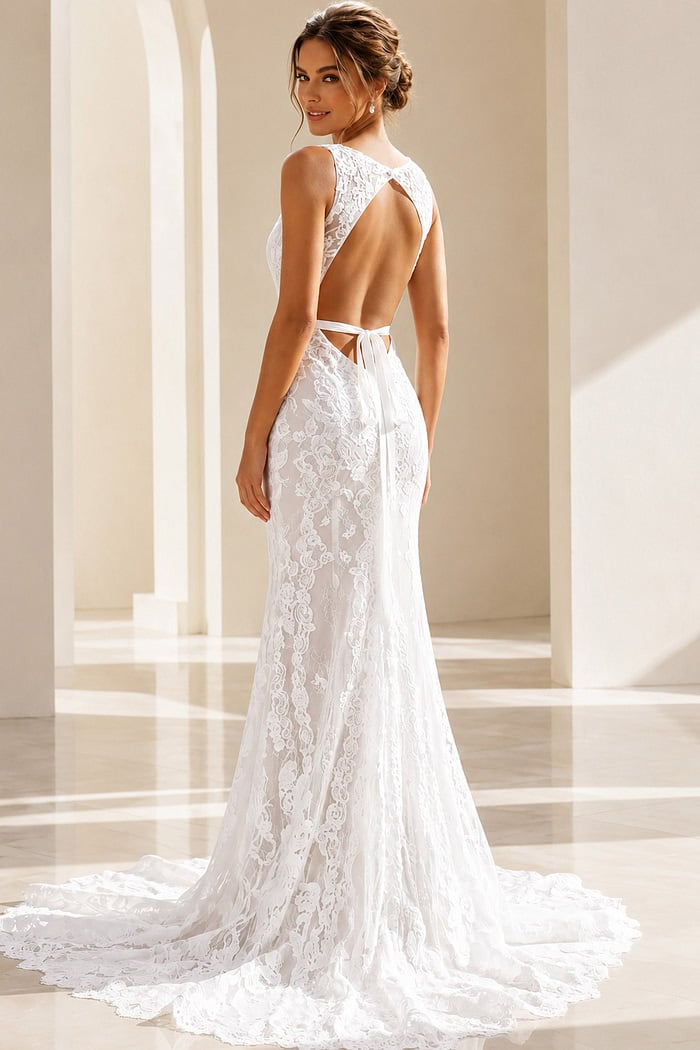 ivory floral lace fitted mermaid wedding dress with high neckline and open keyhole back, front view, Jovani Bridal style JB45671