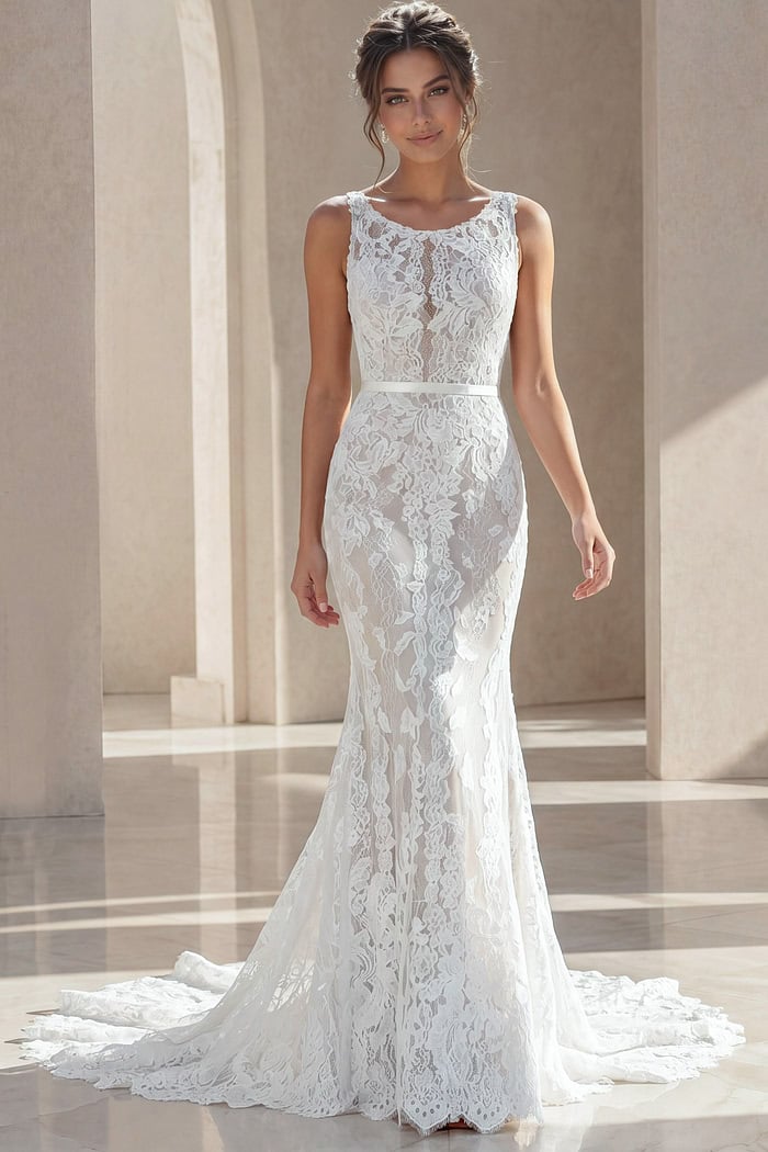 ivory floral lace fitted mermaid wedding dress with high neckline and open keyhole back, front view, Jovani Bridal style JB45671