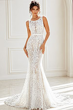 ivory floral lace fitted mermaid wedding dress with high neckline and open keyhole back, front view, Jovani Bridal style JB45671