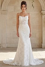 fitted lace bridal dress with low back and soft chapel train