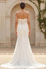 elegant floral lace wedding gown with thin straps and sheer corset bodice