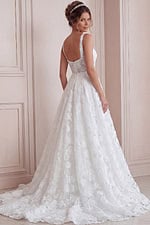 ivory 3D floral lace A-line wedding dress with wide straps, open back and pearl buttons, front view, Jovani Bridal style JB45834