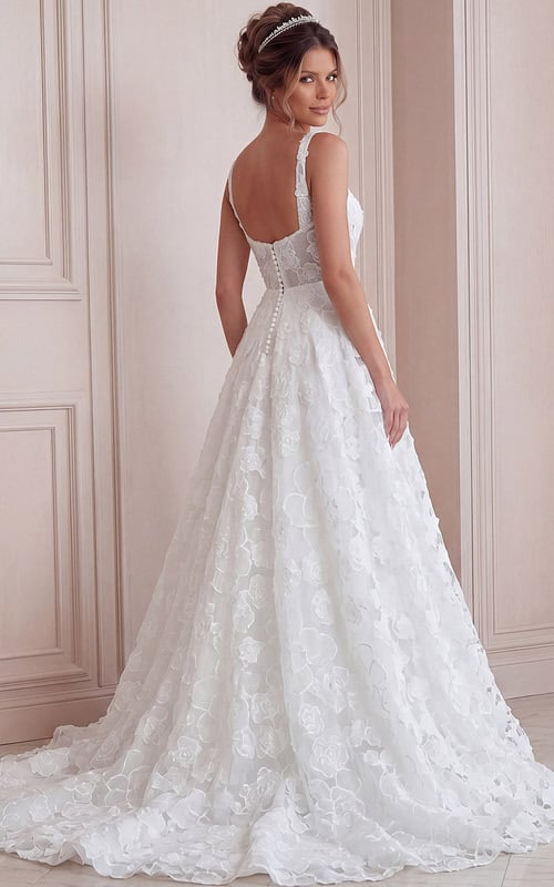 ivory 3D floral lace A-line wedding dress with wide straps, open back and pearl buttons, front view, Jovani Bridal style JB45834