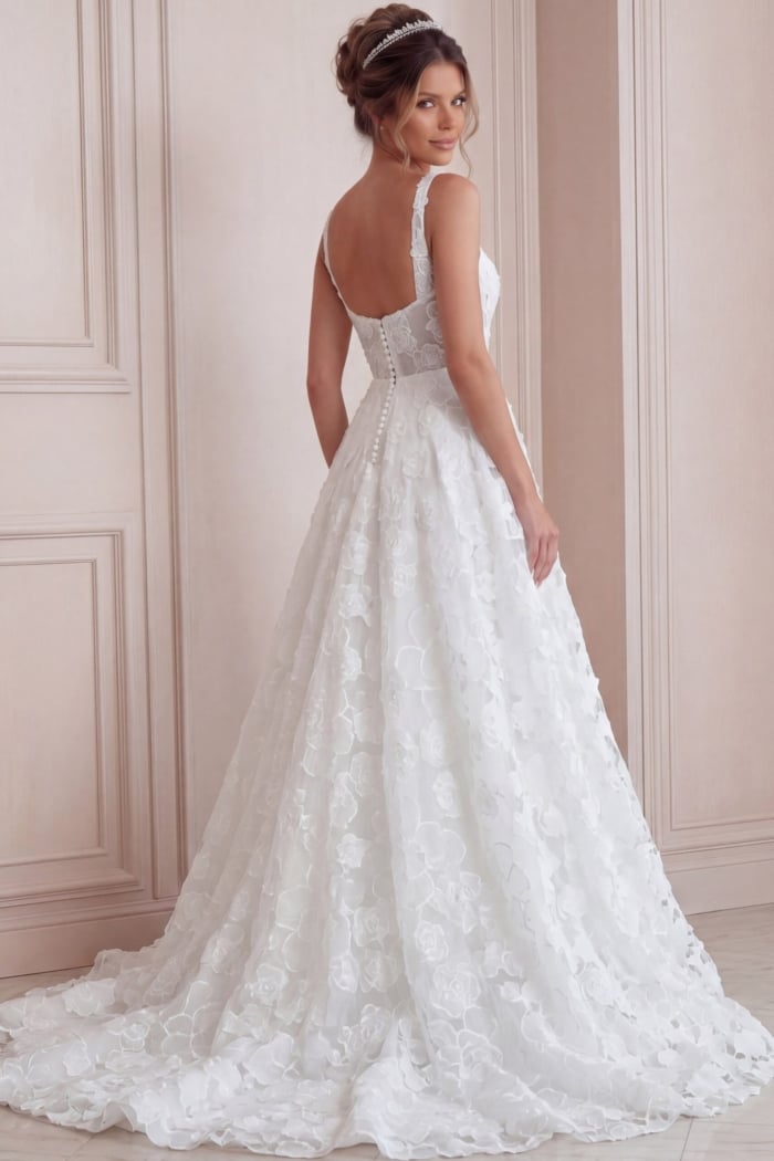 ivory 3D floral lace A-line wedding dress with wide straps, open back and pearl buttons, front view, Jovani Bridal style JB45834