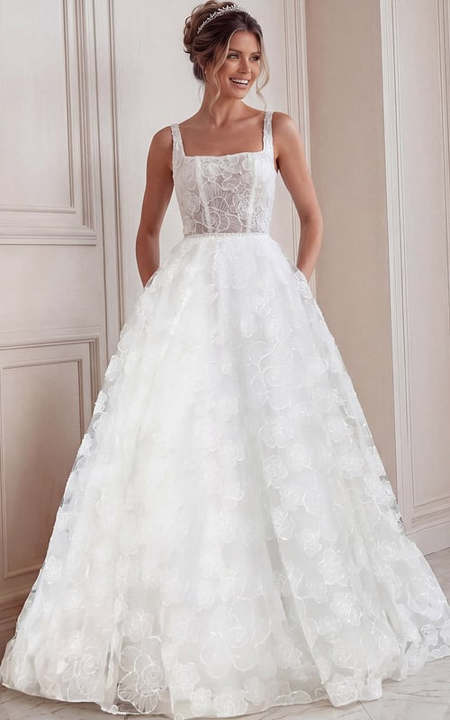 ivory 3D floral lace A-line wedding dress with wide straps, open back and pearl buttons, front view, Jovani Bridal style JB45834