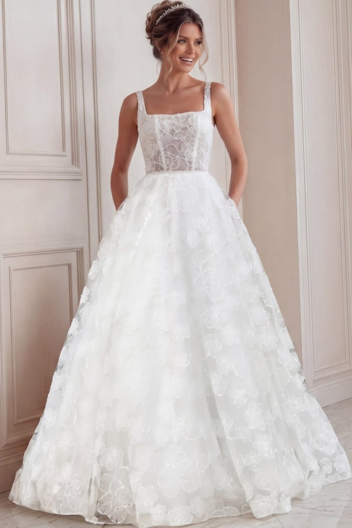 ivory 3D floral lace A-line wedding dress with wide straps, open back and pearl buttons, front view, Jovani Bridal style JB45834