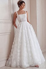 ivory 3D floral lace A-line wedding dress with wide straps, open back and pearl buttons, front view, Jovani Bridal style JB45834