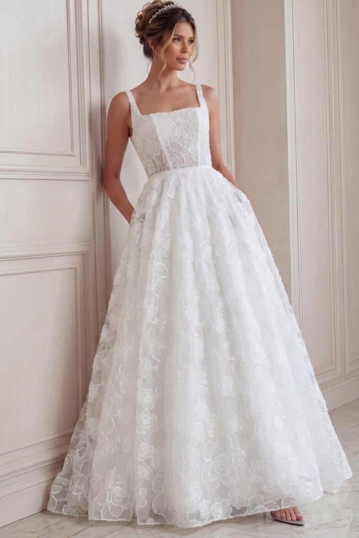 ivory 3D floral lace A-line wedding dress with wide straps, open back and pearl buttons, front view, Jovani Bridal style JB45834