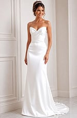 white satin strapless fit and flare wedding dress with sweetheart neckline and crossover ruched bodice, front view, Jovani Bridal style JB45837