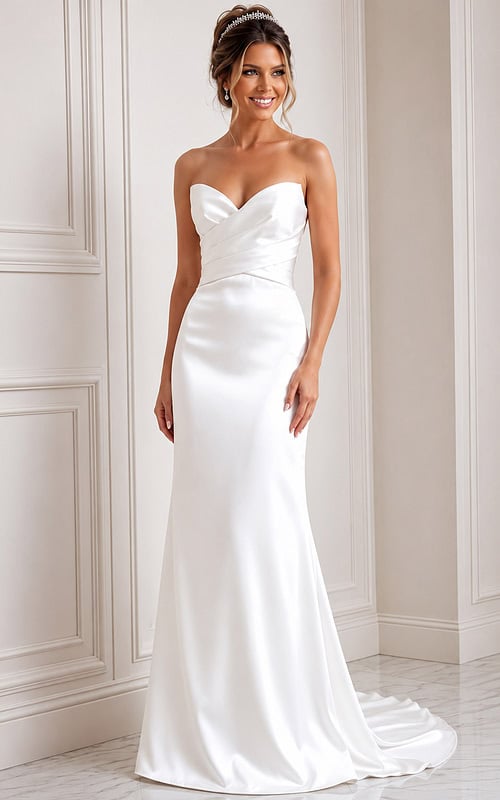 white satin strapless fit and flare wedding dress with sweetheart neckline and crossover ruched bodice, front view, Jovani Bridal style JB45837