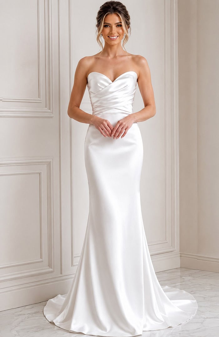 white satin strapless fit and flare wedding dress with sweetheart neckline and crossover ruched bodice, front view, Jovani Bridal style JB45837