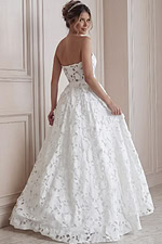ivory floral lace strapless ballgown wedding dress with sweetheart neckline and sheer corset bodice, front view, Jovani Bridal style JB45912