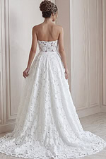 ivory floral lace strapless ballgown wedding dress with sweetheart neckline and sheer corset bodice, front view, Jovani Bridal style JB45912