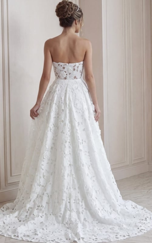 ivory floral lace strapless ballgown wedding dress with sweetheart neckline and sheer corset bodice, front view, Jovani Bridal style JB45912