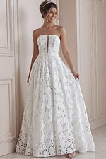 ivory floral lace strapless ballgown wedding dress with sweetheart neckline and sheer corset bodice, front view, Jovani Bridal style JB45912