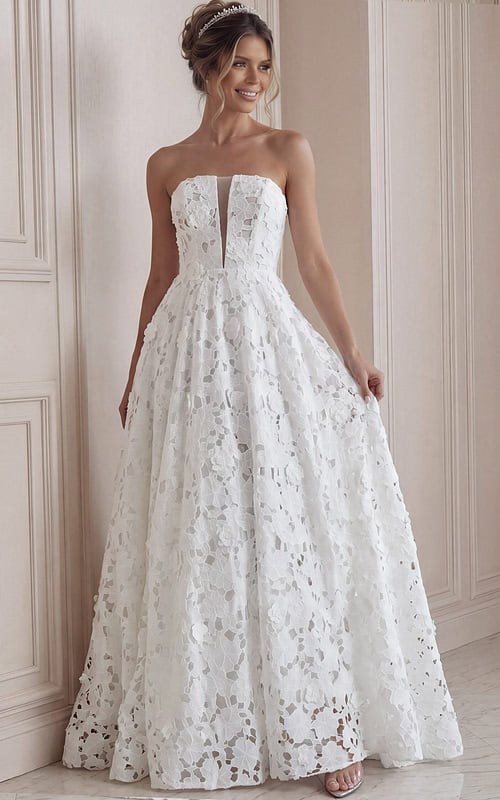 ivory floral lace strapless ballgown wedding dress with sweetheart neckline and sheer corset bodice, front view, Jovani Bridal style JB45912