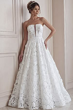 ivory floral lace strapless ballgown wedding dress with sweetheart neckline and sheer corset bodice, front view, Jovani Bridal style JB45912