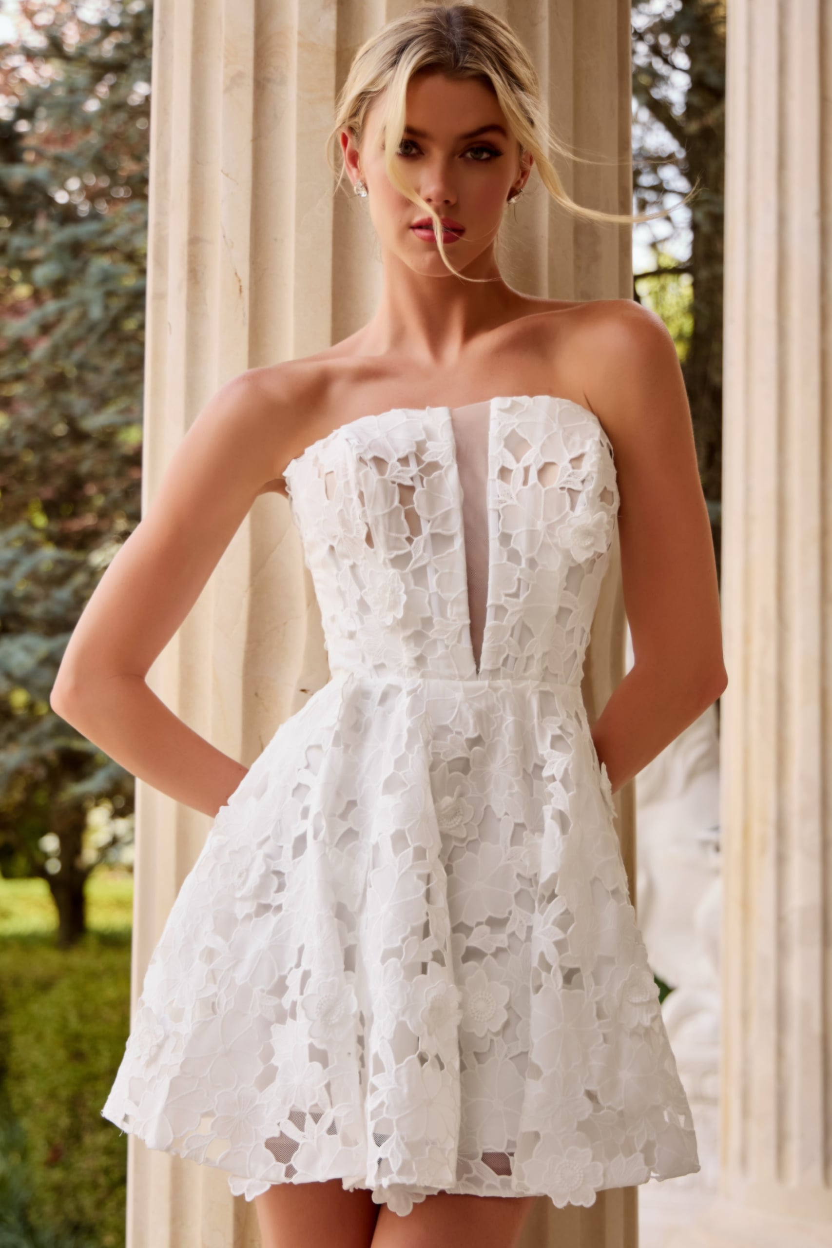 lace strapless fit and flare short dress JB45914