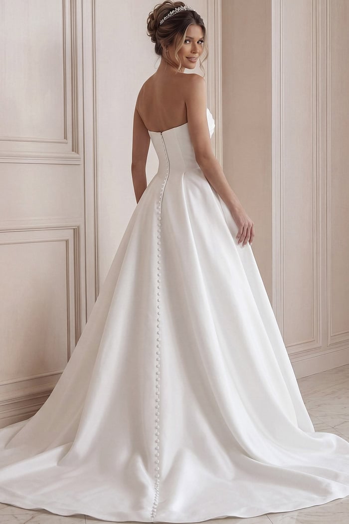 ivory satin strapless A-line wedding dress with sweetheart neckline and pearl button back, front view, Jovani Bridal style JB46880