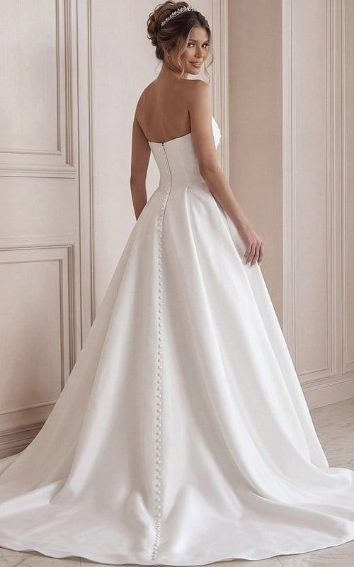 ivory satin strapless A-line wedding dress with sweetheart neckline and pearl button back, front view, Jovani Bridal style JB46880