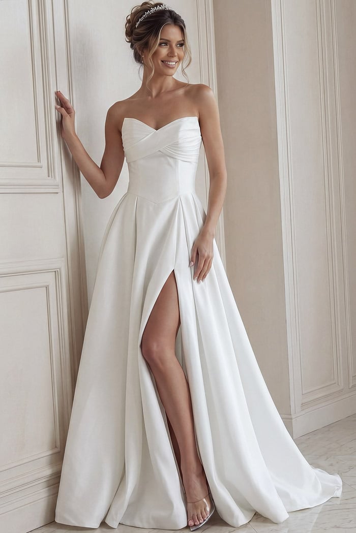 ivory satin strapless A-line wedding dress with sweetheart neckline and pearl button back, front view, Jovani Bridal style JB46880