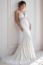 ivory floral lace fitted mermaid wedding dress with plunging V neckline and beaded straps, front view, Jovani Bridal style JB47331
