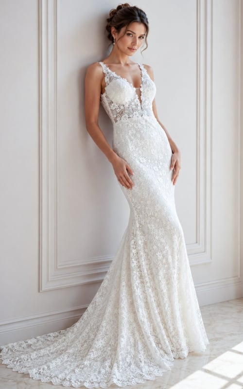 ivory floral lace fitted mermaid wedding dress with plunging V neckline and beaded straps, front view, Jovani Bridal style JB47331