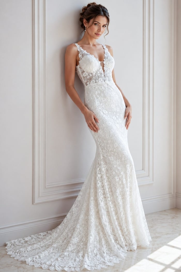 ivory floral lace fitted mermaid wedding dress with plunging V neckline and beaded straps, front view, Jovani Bridal style JB47331