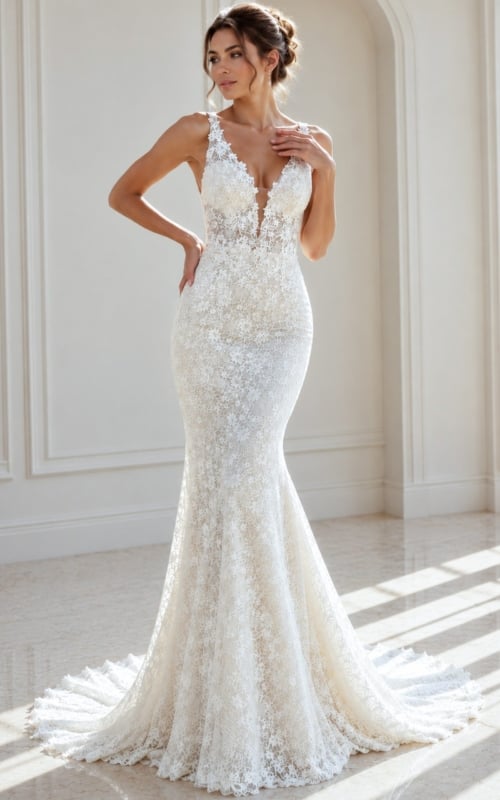 ivory floral lace fitted mermaid wedding dress with plunging V neckline and beaded straps, front view, Jovani Bridal style JB47331