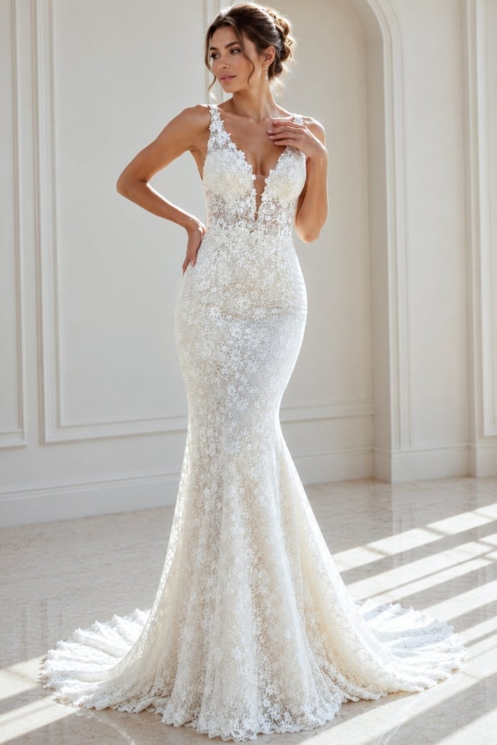 ivory floral lace fitted mermaid wedding dress with plunging V neckline and beaded straps, front view, Jovani Bridal style JB47331