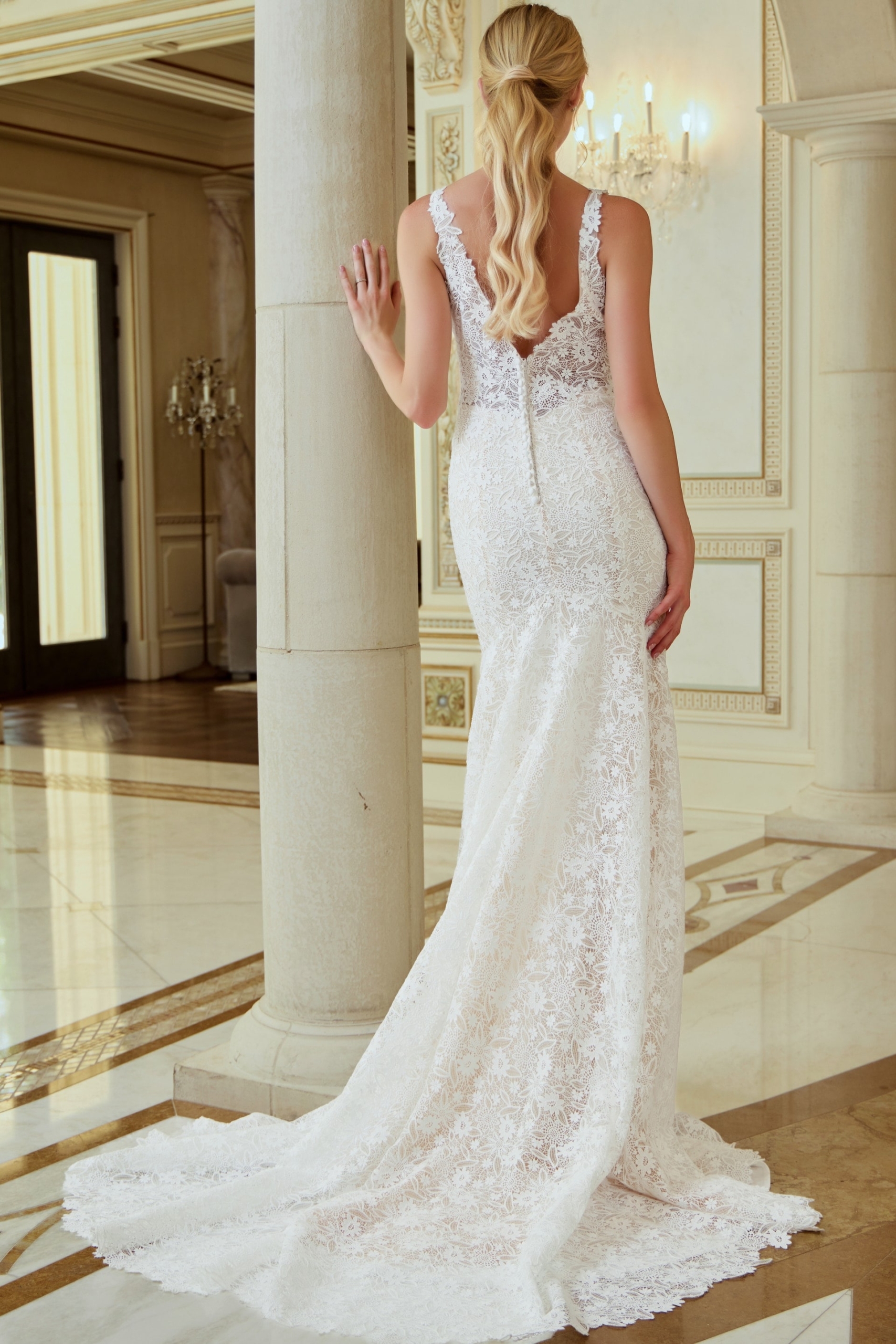 Lace Sheath Wedding Dress with Plunging Neckline JB47331