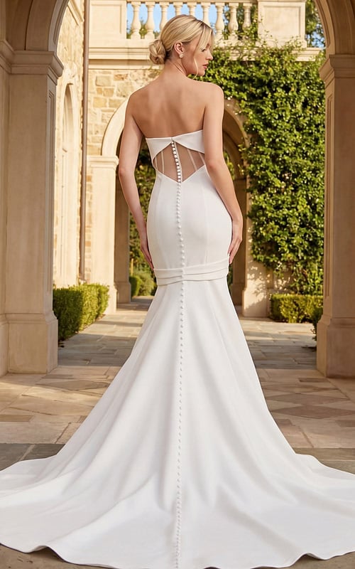 Back view of mermaid bridal gown featuring sheer panel details and a row of covered buttons.