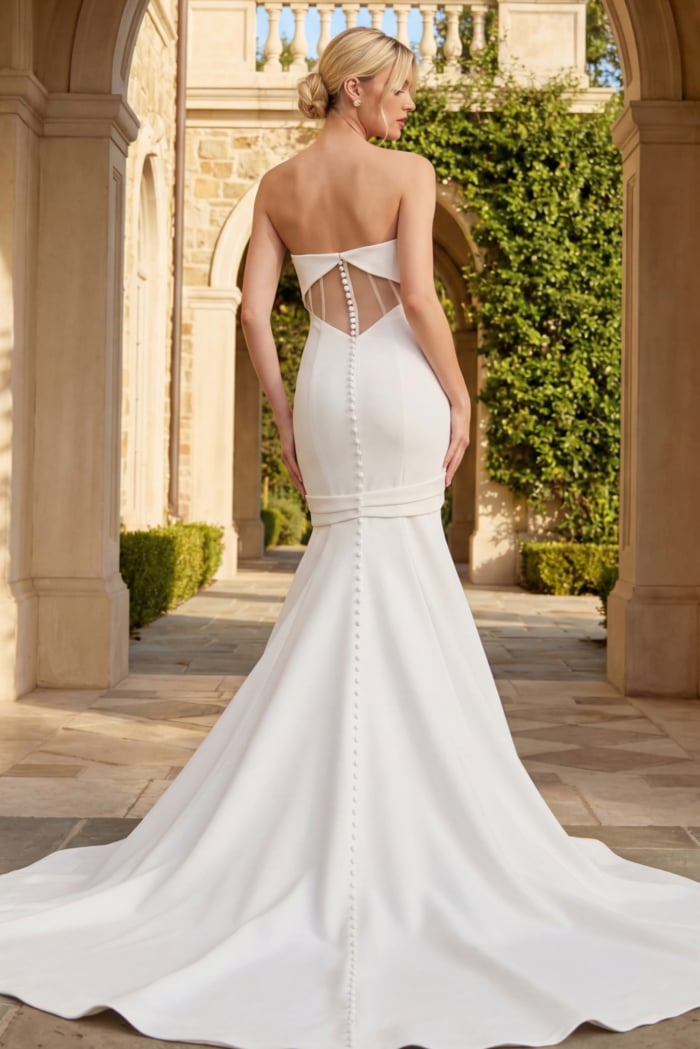 Back view of mermaid bridal gown featuring sheer panel details and a row of covered buttons.