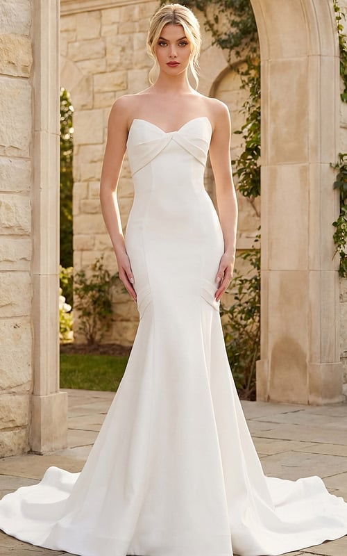 Elegant strapless mermaid wedding dress with soft sweetheart bodice and flowing train.