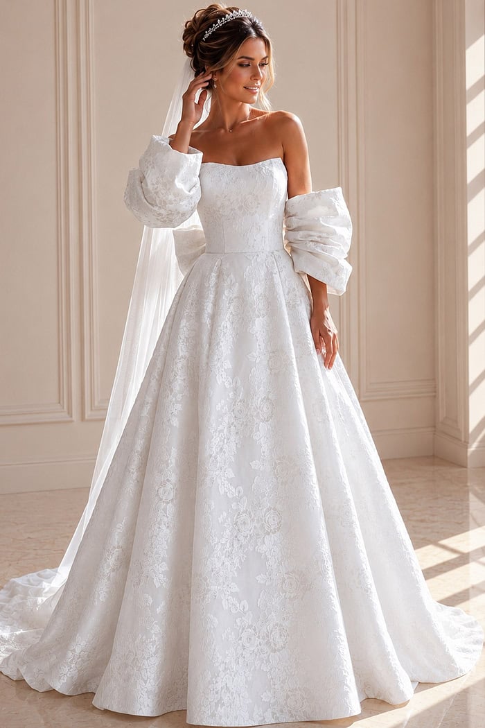 ivory floral jacquard strapless ballgown wedding dress with straight neckline and detachable puff sleeves, front view, Jovani Bridal style JB47701