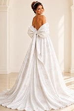 ivory floral jacquard strapless ballgown wedding dress with straight neckline and detachable puff sleeves, front view, Jovani Bridal style JB47701