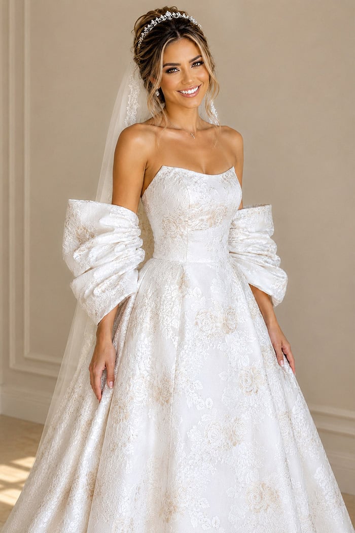ivory floral jacquard strapless ballgown wedding dress with straight neckline and detachable puff sleeves, front view, Jovani Bridal style JB47701