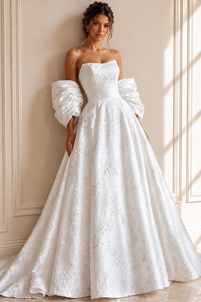 ivory floral jacquard strapless ballgown wedding dress with straight neckline and detachable puff sleeves, front view, Jovani Bridal style JB47701