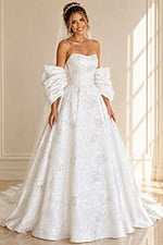 ivory floral jacquard strapless ballgown wedding dress with straight neckline and detachable puff sleeves, front view, Jovani Bridal style JB47701