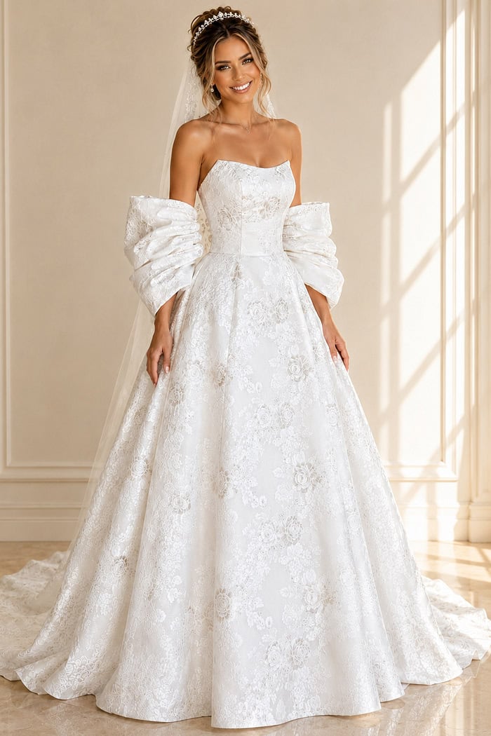 ivory floral jacquard strapless ballgown wedding dress with straight neckline and detachable puff sleeves, front view, Jovani Bridal style JB47701