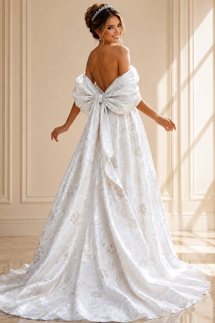 ivory floral jacquard strapless ballgown wedding dress with straight neckline and detachable puff sleeves, front view, Jovani Bridal style JB47701