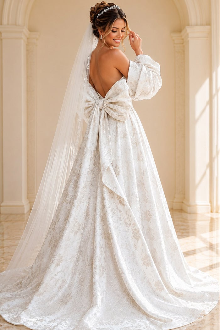 ivory floral jacquard strapless ballgown wedding dress with straight neckline and detachable puff sleeves, front view, Jovani Bridal style JB47701