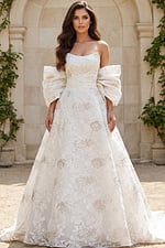 floral shiny strapless wedding dress with attached shawl JB47701