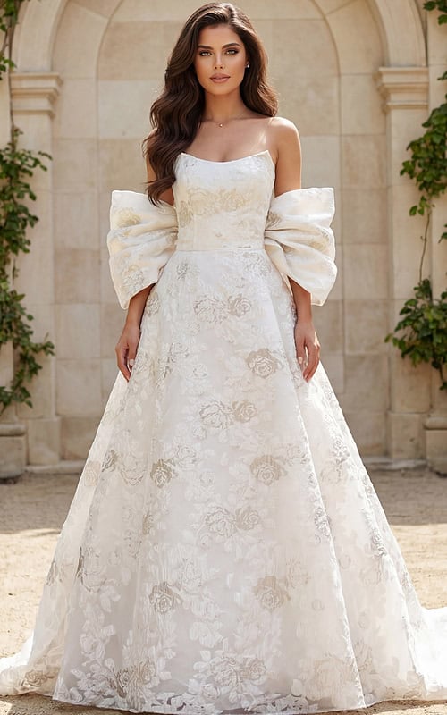 floral shiny strapless wedding dress with attached shawl JB47701