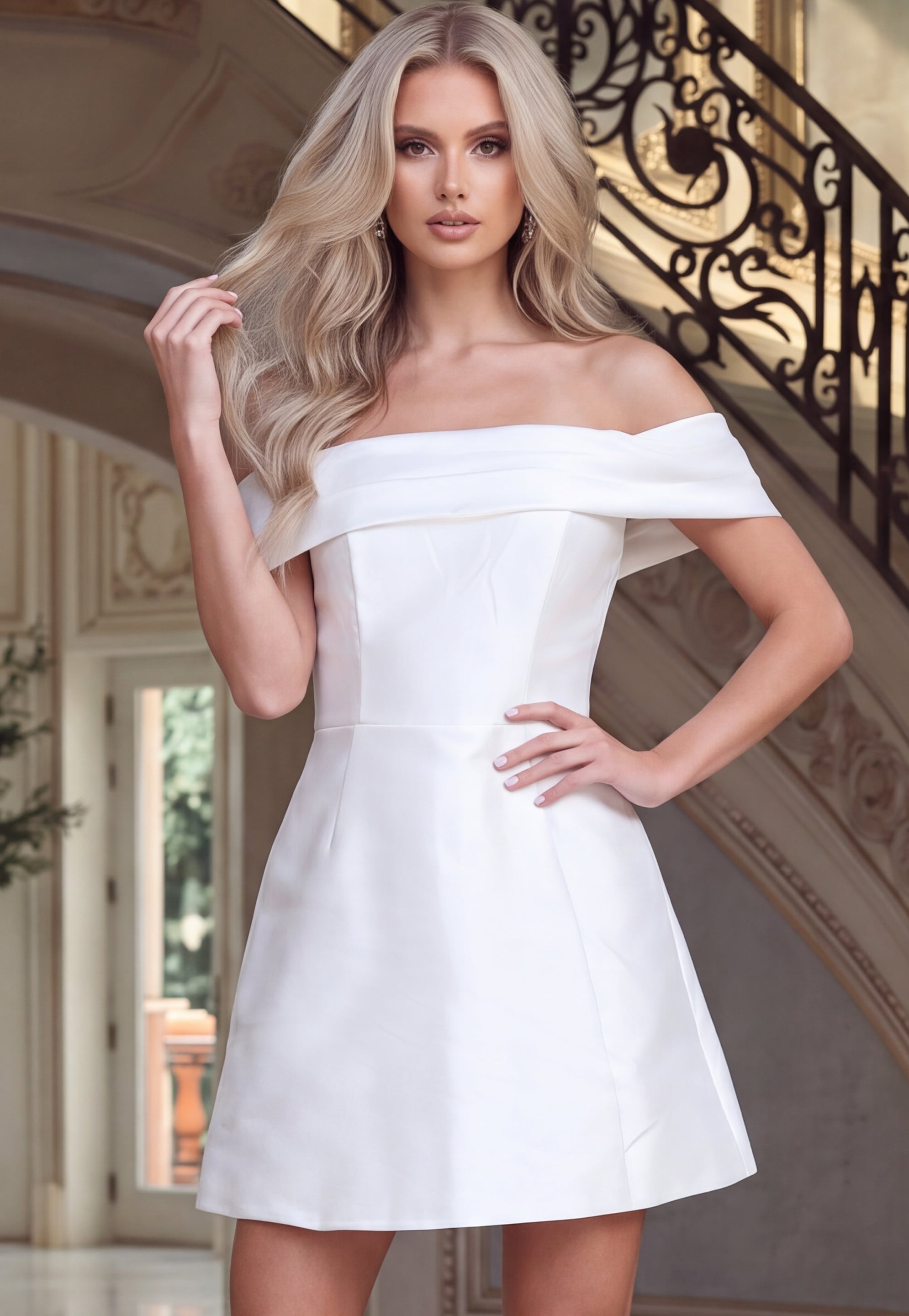 white satin fit and flare mini dress, front view of off shoulder bodice